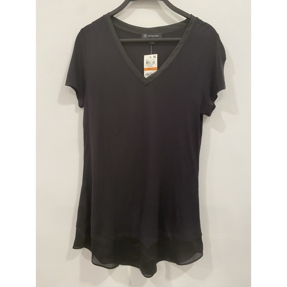 INC‎ International Concepts Blouse Black V Neck T Shirt Top NWT Small